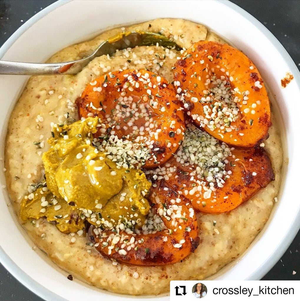 Image of porridge topped with apricots and Butter Nut of London's Cashew Maple Turmeric | Photo by @crossley_kitchen